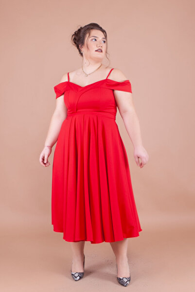 NO48 Red Midi Strap Off-Shoulder Detail Pleated Dress