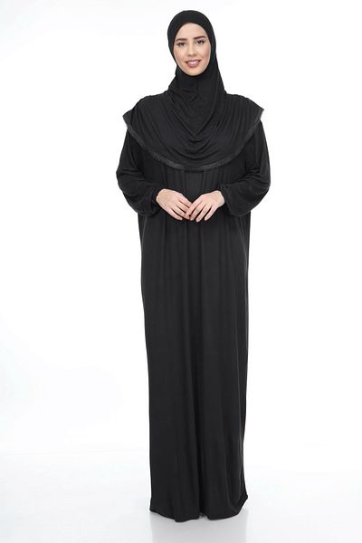 REİSA Black Solid Color Cotton Fabric Prayer Dress with Headscarf