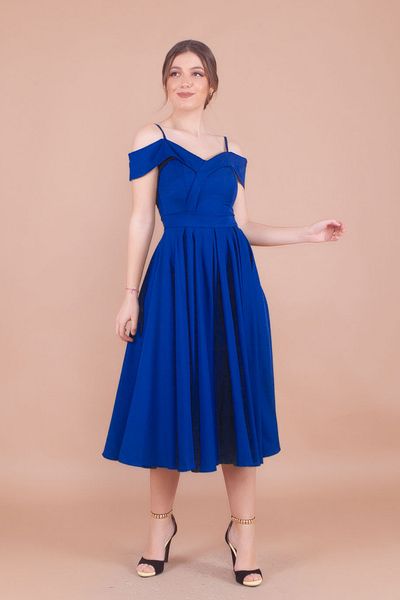 NO48 Sax Blue Midi Length Strap Off-Shoulder Detail Pleated Dress