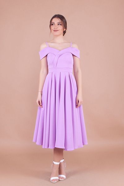 NO48 Lilac Midi Strap Off-Shoulder Detail Pleated Dress