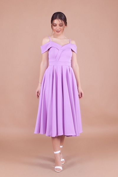 NO48 Lilac Midi Strap Off-Shoulder Detail Pleated Dress