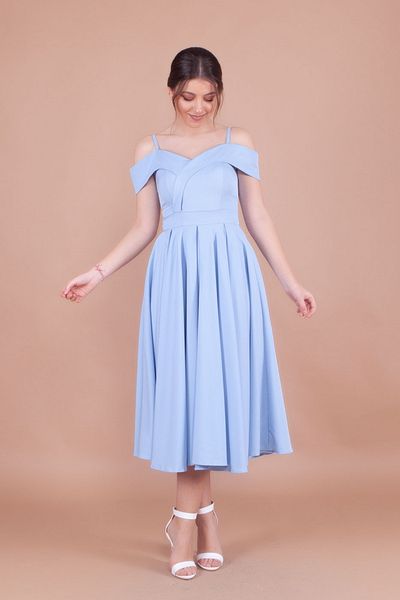NO48 Φόρεμα Baby Blue Midi με λουράκι με λεπτομέρεια πλισέ από τους ώμους