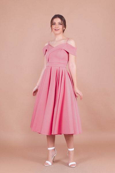 NO48 Πλισέ φόρεμα Dusty Rose Midi με λουράκι εκτός ώμου