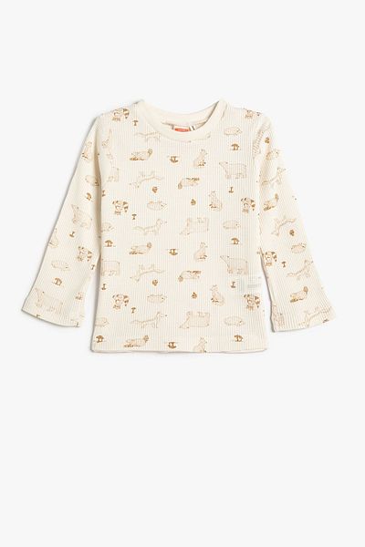 Koton Βαμβακερό μπλουζάκι Baby Boy Graphic Animal Printed Textured Crew Neck T-shirt 4WMB10201TK