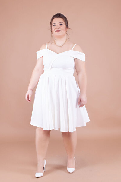 NO48 Λευκό Plus Size Μίνι λουράκι με λεπτομέρεια πλισέ φόρεμα