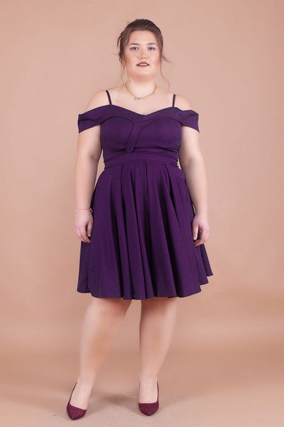 NO48 Plum Plus Size Mini Strap Off-Shoulder Detail Pleated Dress