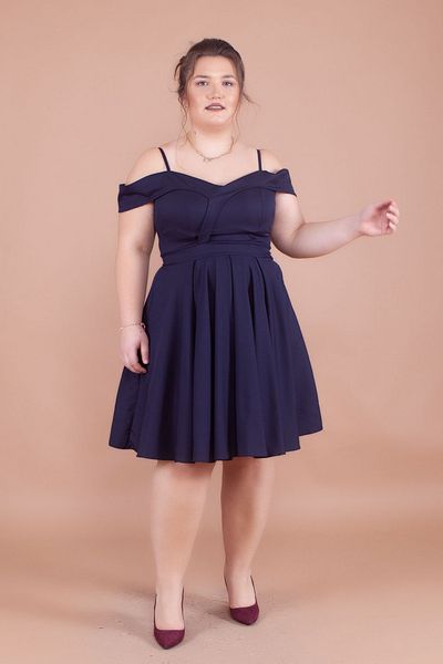 NO48 Φόρεμα με πλισέ με λεπτομέρεια σε μπλε Navy Plus Size Mini Length Strap Off Shoulder
