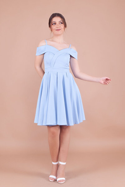 NO48 Bebe Mavi Mini Boy Askılı Düşük Omuz Detay Pileli Elbise