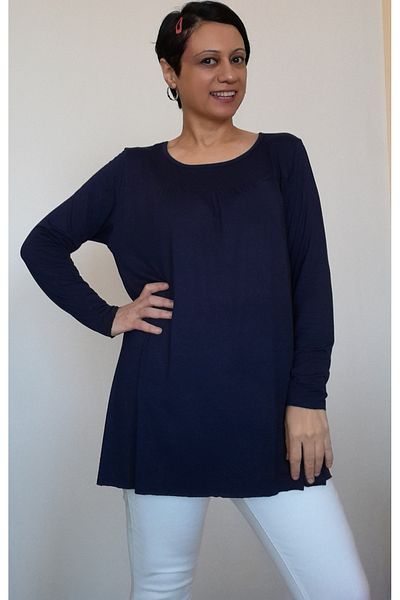Mertcan Butik Navy blue front and back cutout drawstring combed cotton Viscose T-shirt