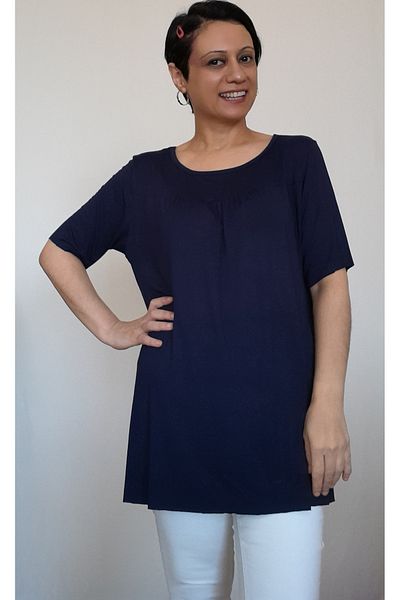 Mertcan Butik Navy blue front and back cutout drawstring combed cotton Viscose T-shirt
