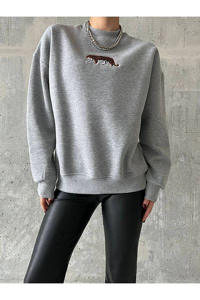 Muaz WOMEN'S LEOPARD EMBROIDERY PATTERNED BICYCLE COLLAR GRAY SWEATSHIRT