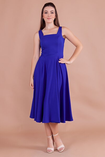 lovebox Еластична атласна тканина, квадратний комір, товсті бретелі, плісирована спідниця, середньої довжини, саксовий синій вечірня сукня 413