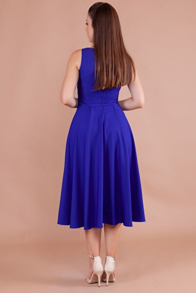 lovebox Еластична атласна тканина, квадратний комір, товсті бретелі, плісирована спідниця, середньої довжини, саксовий синій вечірня сукня 413