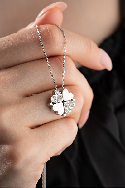 Nereze 925 Ayar Gümüş Mıknatıslı Ayrılabilir Rodyumlu Yonca Kolye