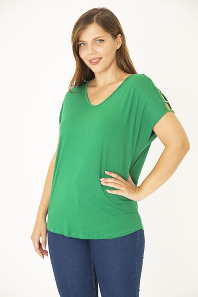 Şans Women's Large Size Green Shoulder Decollete Pearl Detailed Viscose Tunic 65N15453