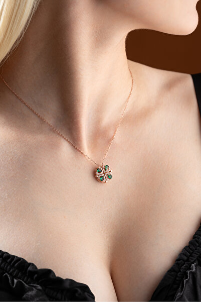 Nereze 925 Ayar Gümüş Mıknatıslı Ayrılabilir Yeşil Zirkon Taşlı 4 Kalpli Yonca Kolye