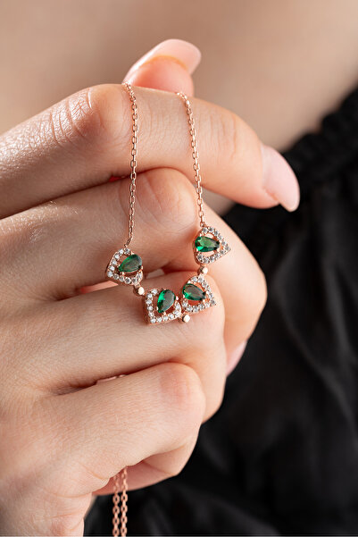 Nereze 925 Ayar Gümüş Mıknatıslı Ayrılabilir Yeşil Zirkon Taşlı 4 Kalpli Yonca Kolye