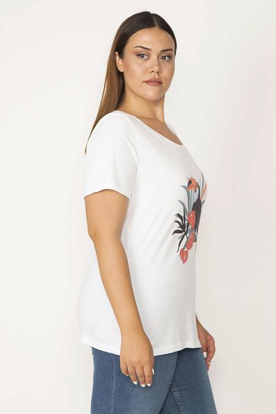Şans Women's Large Size Bone Cotton Fabric Front Printed Short Sleeve Blouse 65N36781