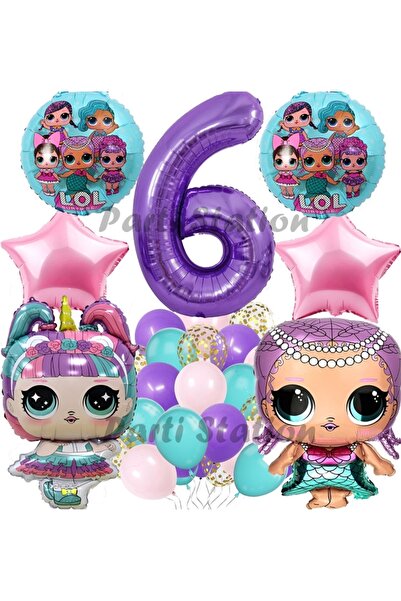 Parti Station Surprise Konsept 6 Yaş Balon Set Unicorn LOL Bebek Mor Rakam Ba...