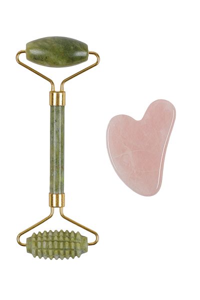 İLTERUS Serrated Jade Face Roller And Pink Quartz Heart Gua Hsa Massage Stone Set
