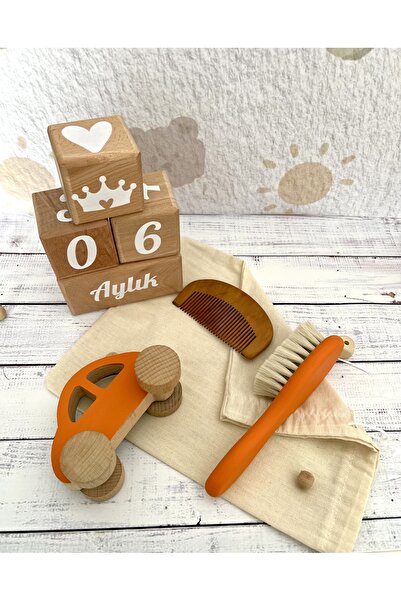 mogokids Bebek anı küpü ve ahşap dekor 4lü set turuncu ,dekor hediyelik