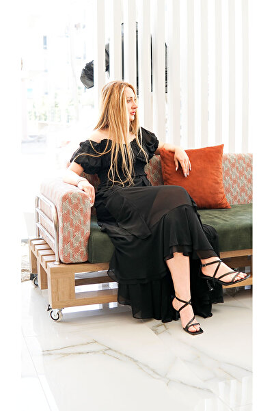 LAMANTE Düşük Kol Asimetrik Kesim Kuyruk Detaylı Siyah Uzun Elbise