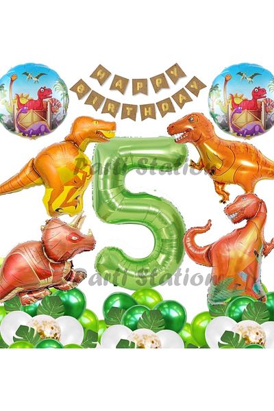 Parti Station Forest Theme Jurassic Park Dinosaur Concept Green Number Balloon 5 Years Old Giant Balloon Birthday Balloon Set