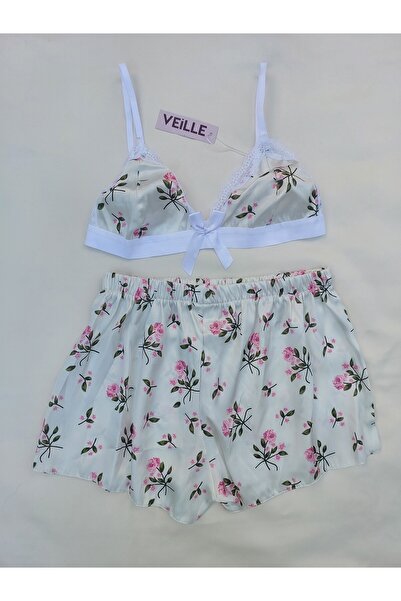 Veille Σετ νυχτικό με σατέν σορτς, λουράκι με σχοινί με σχέδιο φράουλα, σετ λευκό Crop και σατέν σορτς