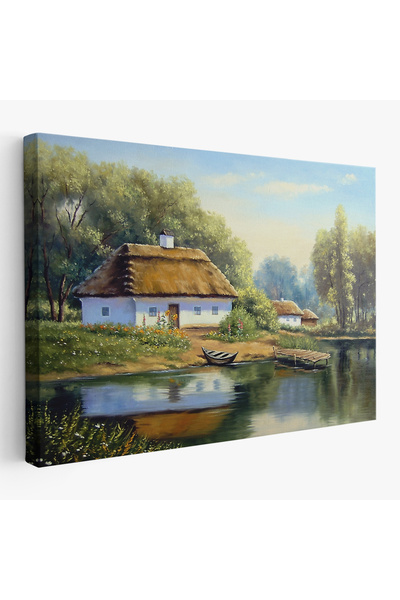 Harita Sepeti Göl Manzaralı Köy Evi Yağlıboya Görünüm Dekoratif Kanvas Duvar Tablosu-3510