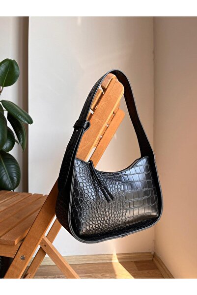 melecco Geantă de mână cu curea și umăr pentru femei Crocodile Black Geantă s...