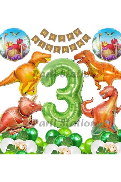 Parti Station Forest Theme Jurassic Park Dinosaur Concept Green Number Balloon 3 Year Old Giant Balloon Birthday Balloon Set
