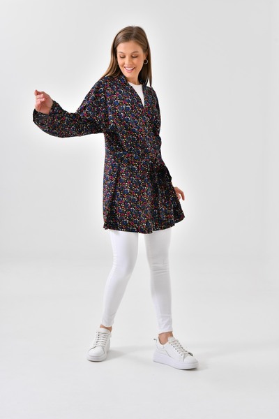 mirach Minimal Floral Patterned Viscose Kimono - Black Viscose Cotton Pareo Caftan Top Coat Hijab Oversize