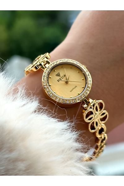 Fiesta Gold Yellow Steel Mesh Cord Bridal, Engagement, Wedding Small Case Wristwatch