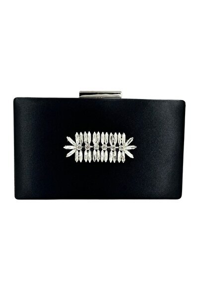 Biçanta Geantă elegantă neagră din material satin cu carcasă argintie și piet...