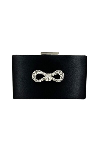 Biçanta Geantă elegantă neagră din material satin cu carcasă argintie și piet...