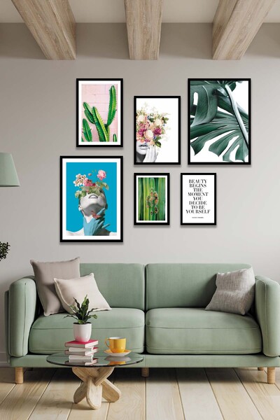 no77decor Sanatsal Kadın Yeşil Çiçek Ve Kaktüs Temalı Tablo Seti