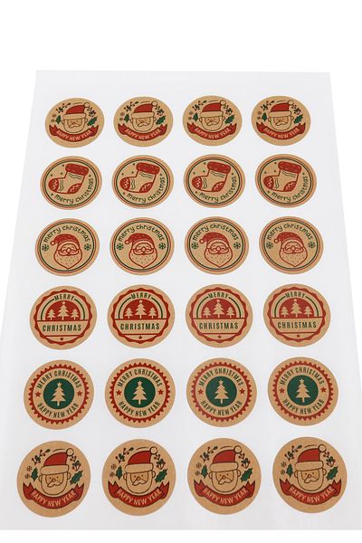 reprodesign Christmas Themed Kraft Gift Package Label 4 cm Merry Christmas Mixed Printed Label 24 Pieces