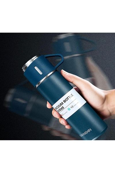 saraaydınbutik Stainless Steel Thermos Blue Color 3 Glass Thermos Set Vacuum Thermos Set