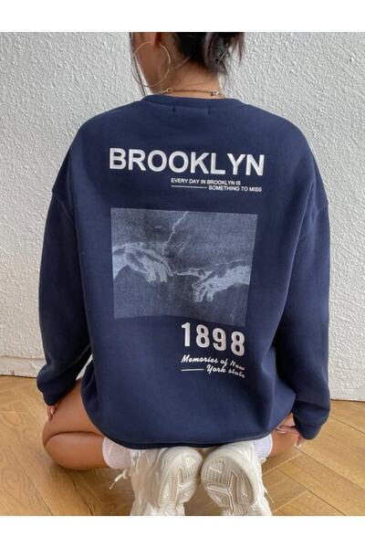 Adrift Унісекс Bronklyn 1898 з принтом, темно-синій, з велосипедним коміром, оверсайз-светр NEW YORK21