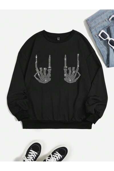 Adrift CODE ADR-SHEN EZwear - Hanorac cu model cu strasuri, cu degete schelet, imprimat cu umeri