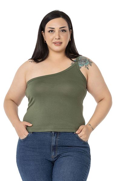 DISENTIS MODEST Large Size Single Shoulder Low-cut Viscose Khaki Body