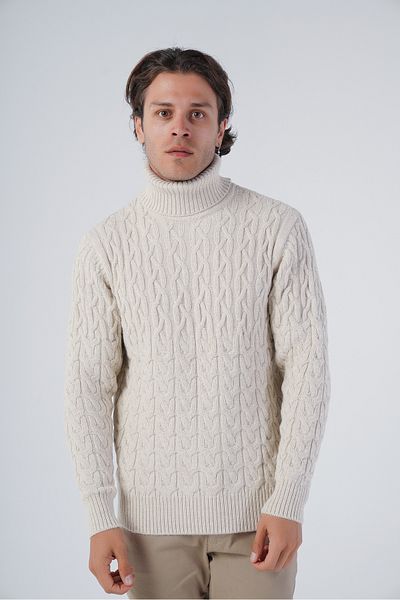 Trist Star Beige Men's Running Hair Turtleneck Knitwear Wool Sweater