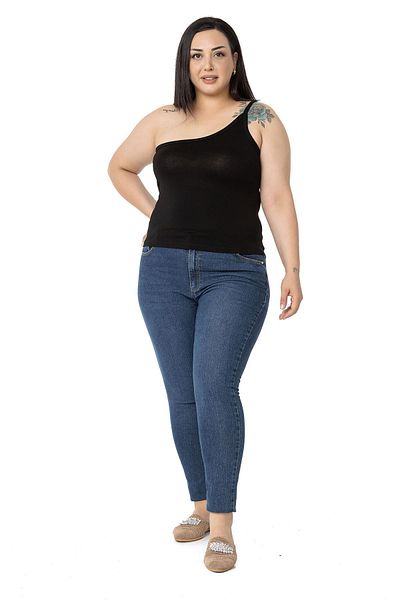 DISENTIS MODEST Large Size Single Shoulder Low-cut Viscose Black Body