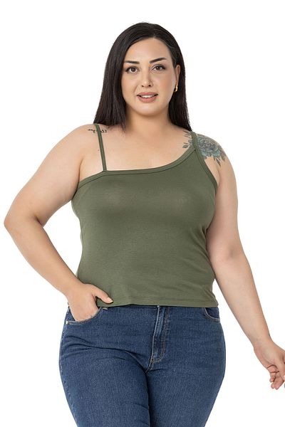 DISENTIS MODEST Plus Size Asymmetrical Strap Viscose Khaki Body