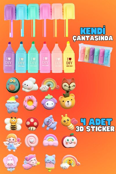 Şehir Online Mağazacılık 6 Colors Highlighter Marking Pen with I Love DIY Motto in its own bag and with 3D Sticker