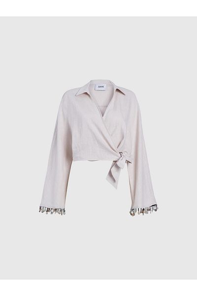 Juste Studio Beige Kimono Blouse - Linen Sleeve Detail