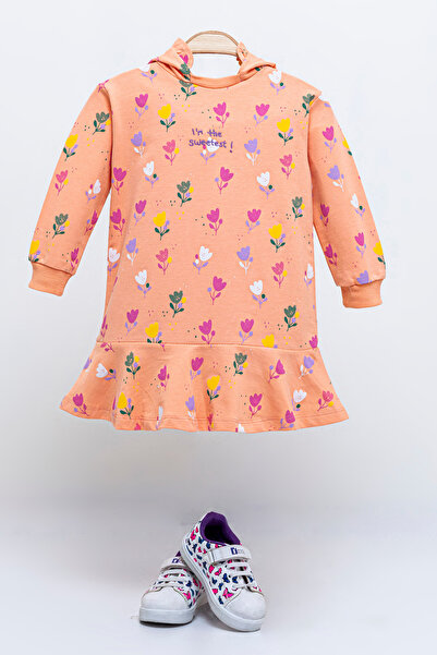 Tuffy Kids KIZ ÇOCUK LALE BASKILI YAZI NAKIŞLI KAPÜŞONLU ELBİSE 2-5 YAŞ