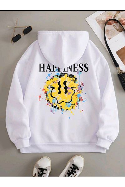 caxis Unisex Happiness Smile Back Printed White Hooded Sweatshirt