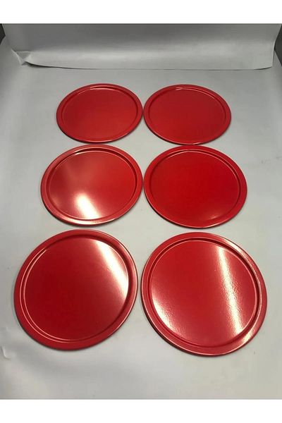 NEWTREND Züccaciye 6-Piece Metal Red Single Decorative Tea, Coffee and Pastry Serving Presentation Tray 23 cm