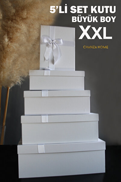 CHANZA HOME Büyük Boy Beyaz 5'li Takım Kutu Kurdeleli Sert Hediye Kutusu Dama...